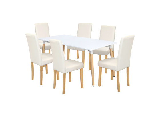 Jídelní stůl ONE 160x90 bílý + 6 židlí PRIMA bílá/světlé nohy