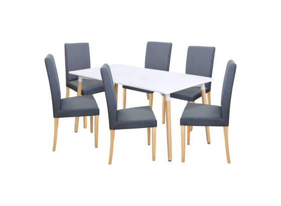 Jídelní stůl ONE 160x90 bílý + 6 židlí PRIMA šedá/světlé nohy