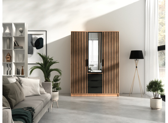 Šatní skříň BALI LUX D3 dub wotan/ černá se zrcadlem